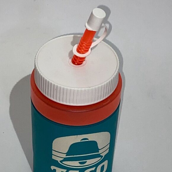 Taco Bell Multicolor 1990's Water Plastic Bottle with Foam Insulation and Straw - Picture 3 of 9